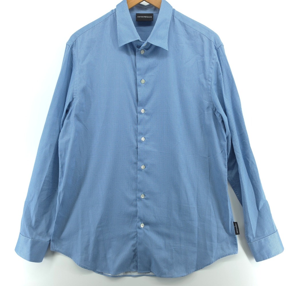 Emporio Armani Men Shirt Cotton Blue Geometric Micro Print Large‎ Long Sleeve